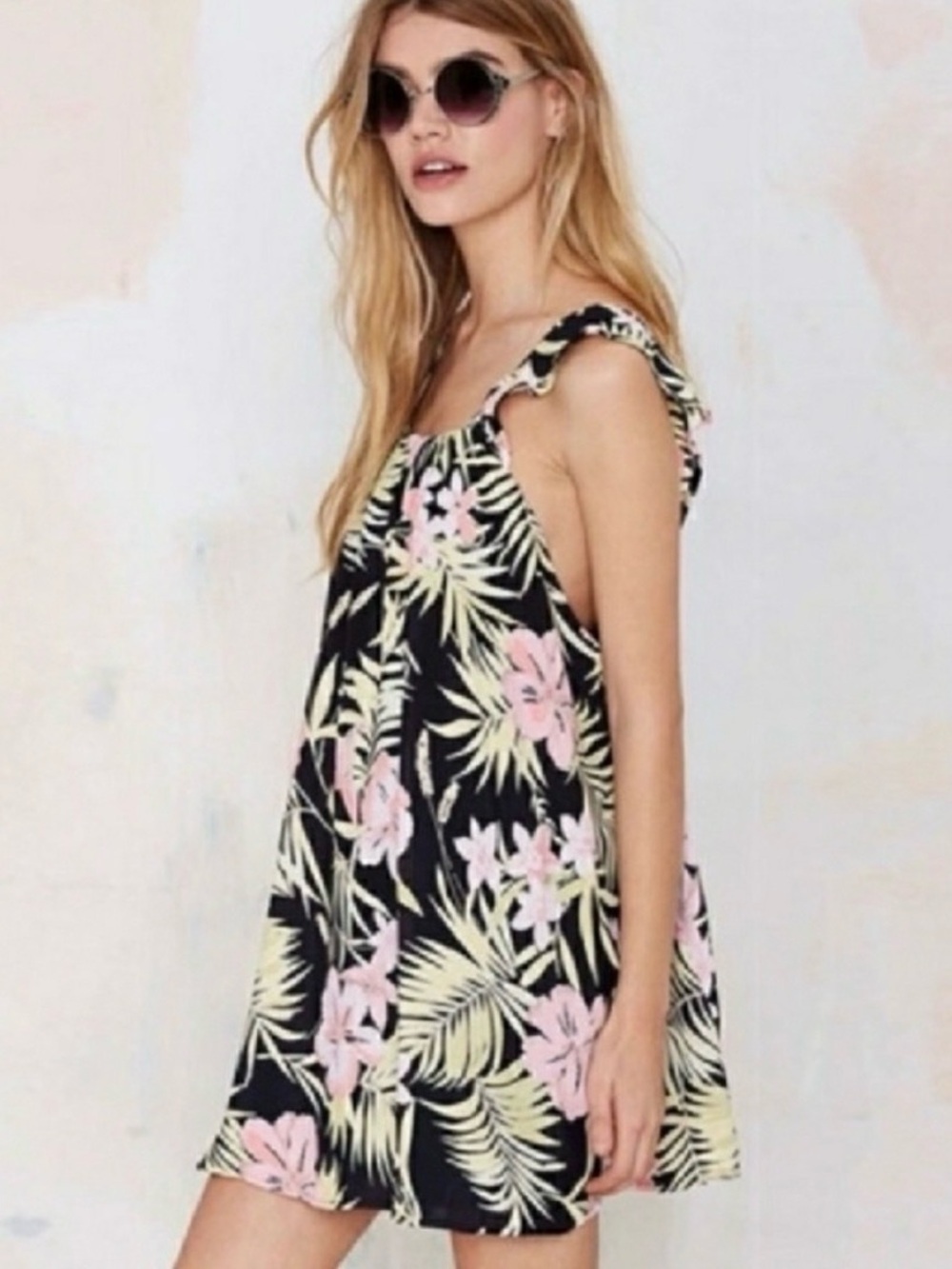 For Love & Lemons Pacific Pastel Palm Dress S Floral Backless Ruffle Mini Womens